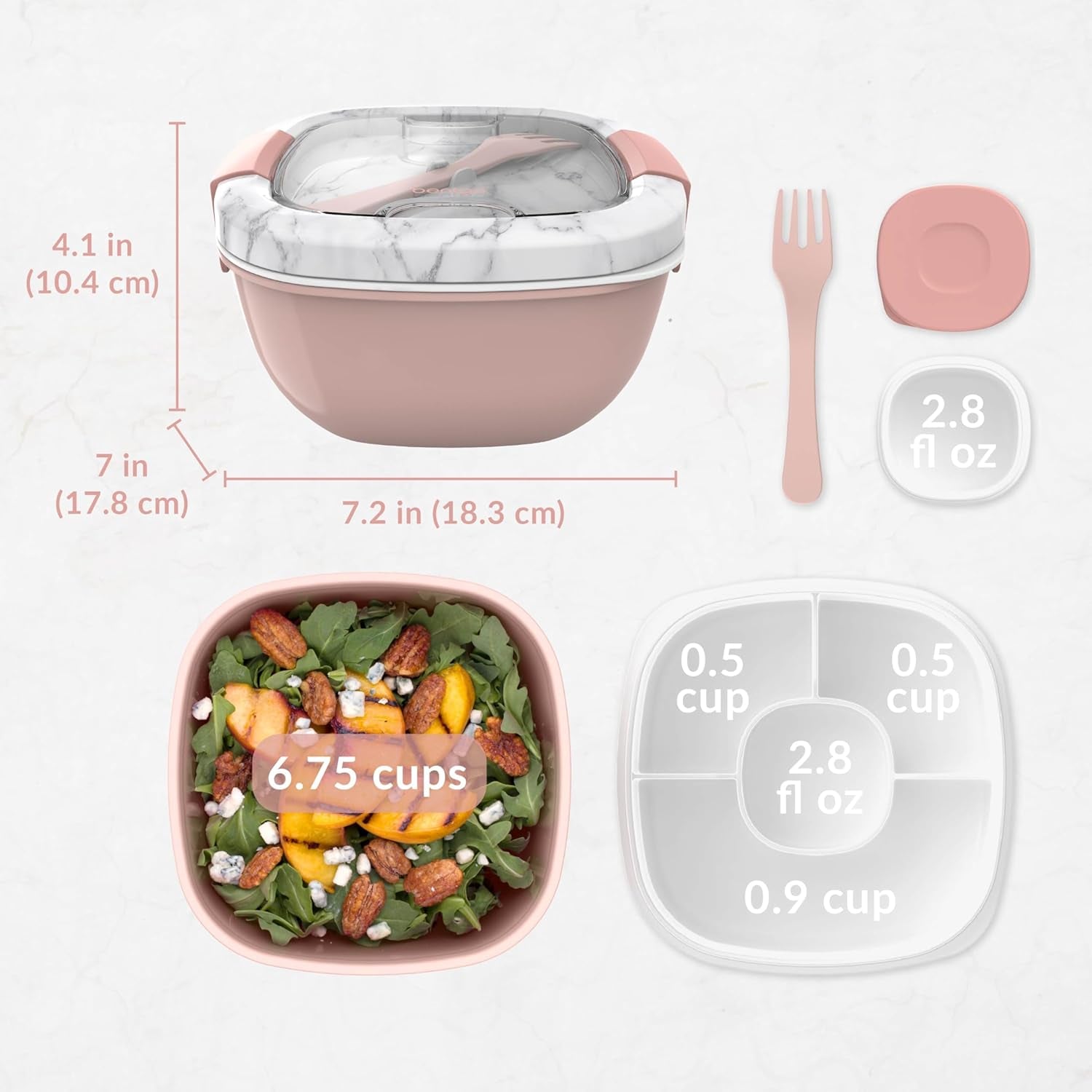 Salad Container - 54 Oz Bowl with 4-Compartment Toppings Tray, Dressing Container, Reusable Fork, Bpa-Free Lunch Box for Meal Prep & Food Storage; Removable Bento Tray (Blush Marble)