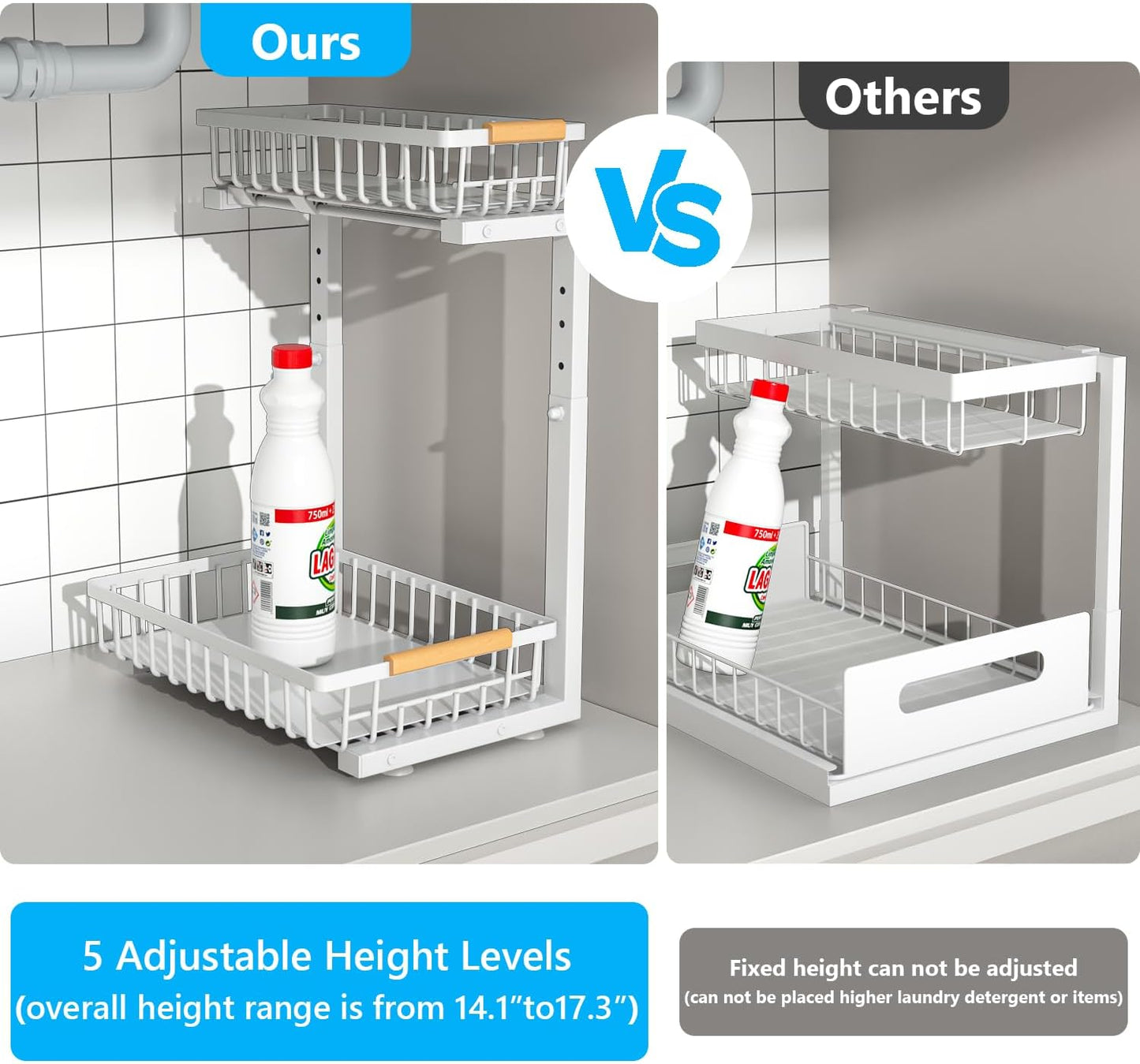 under Sink Organizers,5 Adjustable Height，Metal Pull Out and Storage Shelves with Sliding Drawer for Kitchen, Bathroom, White, 2 Pack（Hight 13.6″-16.9″）